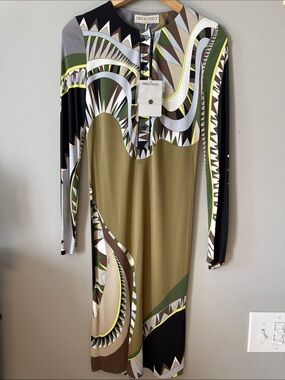 Emilio Pucci Olive, Black & Multicolor Geometric Long Sleeve Dress